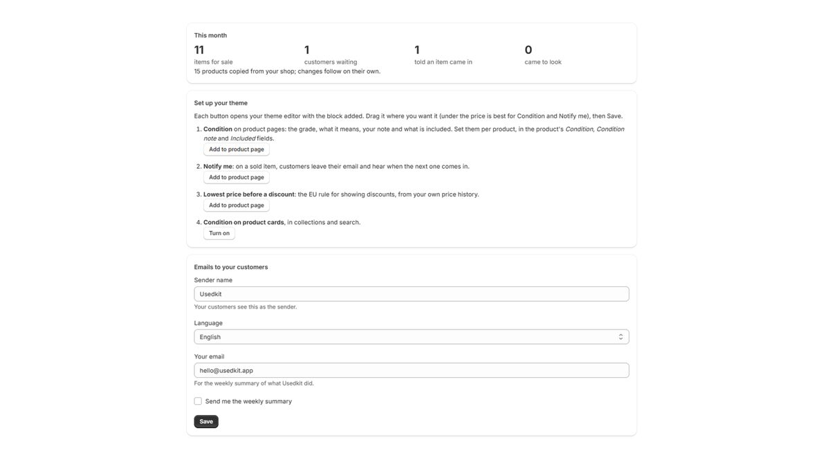 Usedkit's page in the Shopify admin: this month's numbers, buttons that add each theme block, and email settings