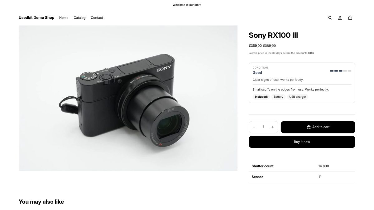 A used camera on a Shopify product page: the condition card under the price, and the lowest price of the 30 days before the discount
